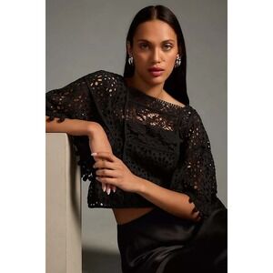 anthropology‎ Eyelet Blouse Black Pom Pom Bell Sleeve Square Neck Boho Top small